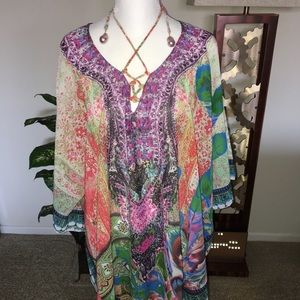 PACIFIC PEARLS NWOT AUTHENTIC GIANT BAROQUE PEARL PINK CHIFFON COLORFUL TUNIC